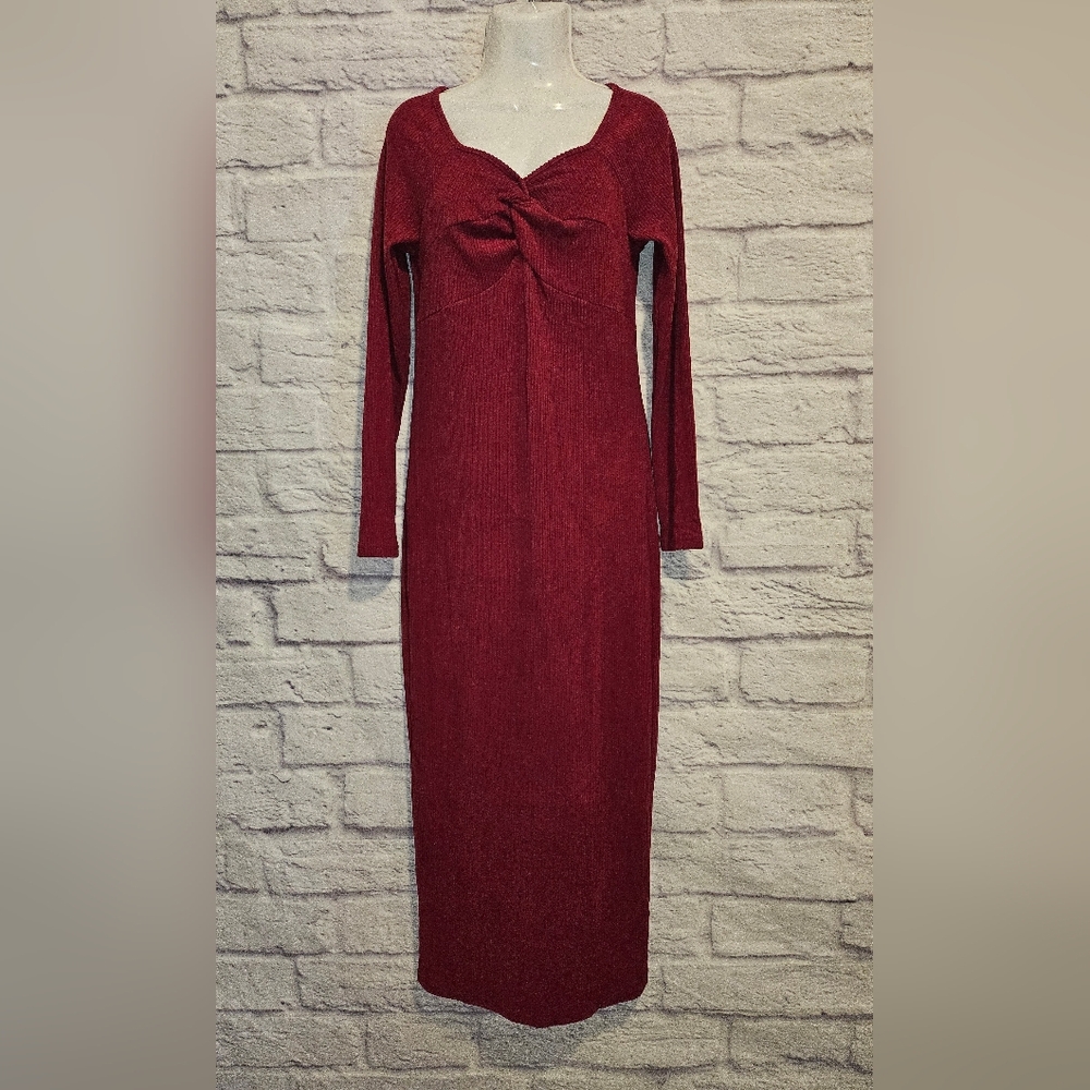 Ribbed Knit Maternity Dress Sweater Twisted Front Bodycon Long Sleeves